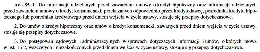 Wycinek z ustawy - art. 85 ustawy regulującej zwrot prowizji za wcześniejszą spłatę kredytu hipotecznego